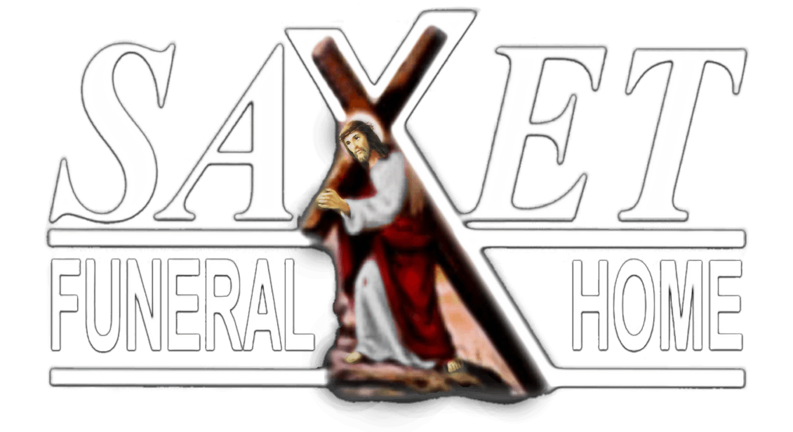 SAXET Funeral Home logo: Cross with Jesus figure, text above and below.
