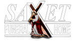 SAXET Funeral Home logo: Cross with Jesus figure, text above and below.