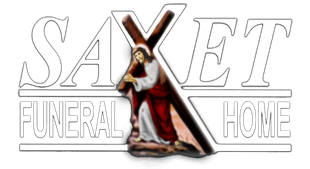SAXET Funeral Home logo: Cross with Jesus figure, text above and below.
