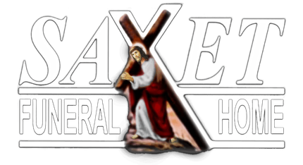 SAXET Funeral Home logo: Cross with Jesus figure, text above and below.