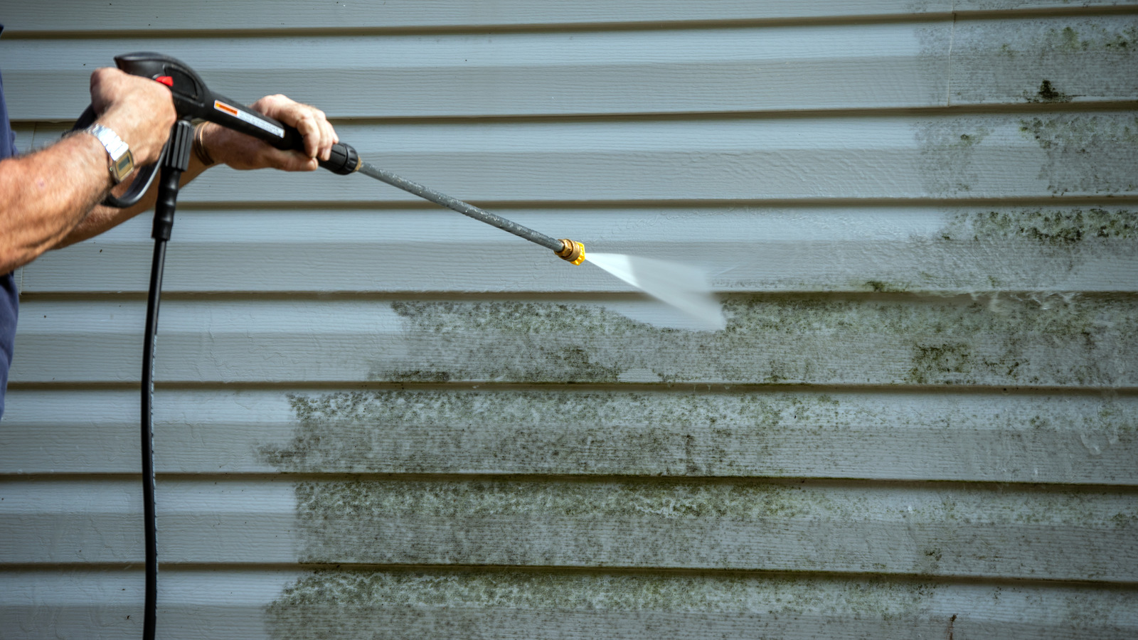 Person power washing a dirty, green-streaked white siding on a house.