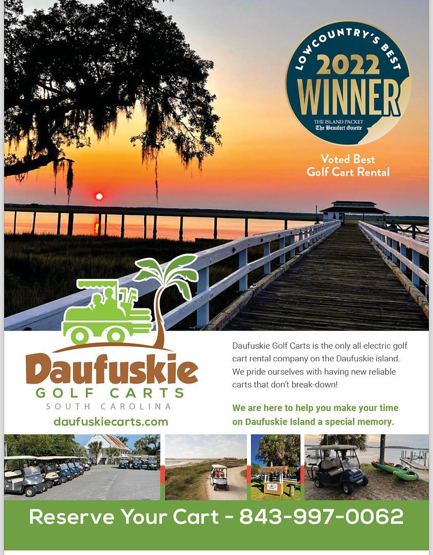 Daufuskie Golf Carts ad: Sunset over water, pier, golf cart logo, 2022 winner badge, and phone number.