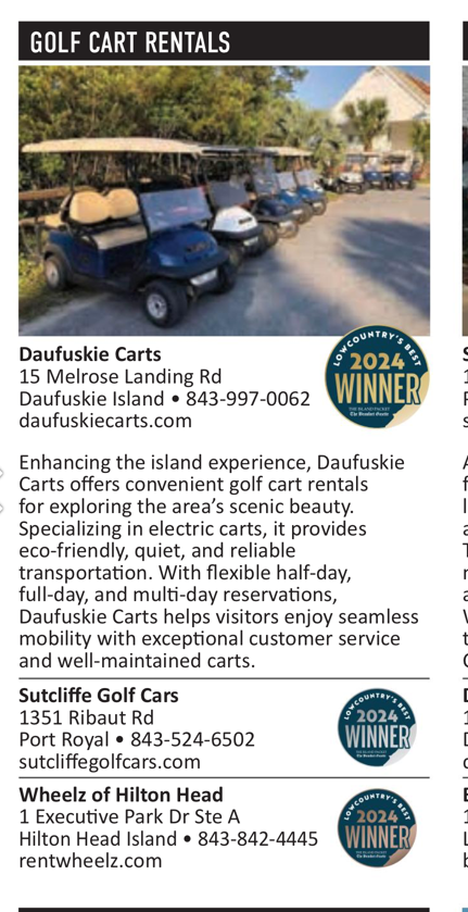 Golf cart rentals ad: Daufuskie Carts, Sutcliffe Golf Cars, and Wheels of Hilton Head. Each business features their name, address, and contact info.