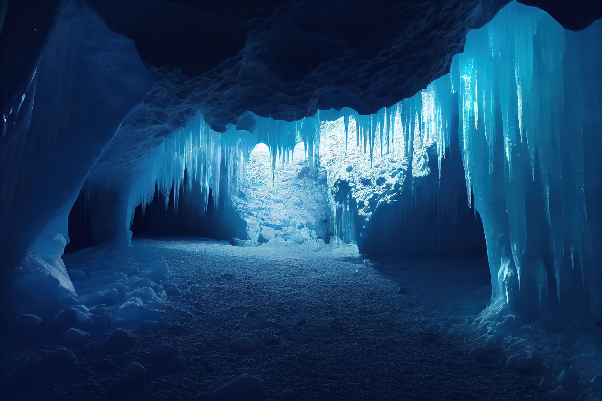 A cave filled with ice and snow with icicles hanging from the ceiling.