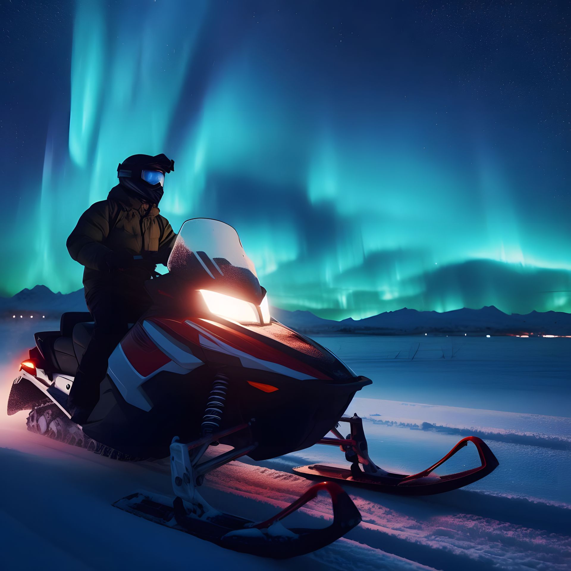 a man is riding a snowmobile under the aurora borealis