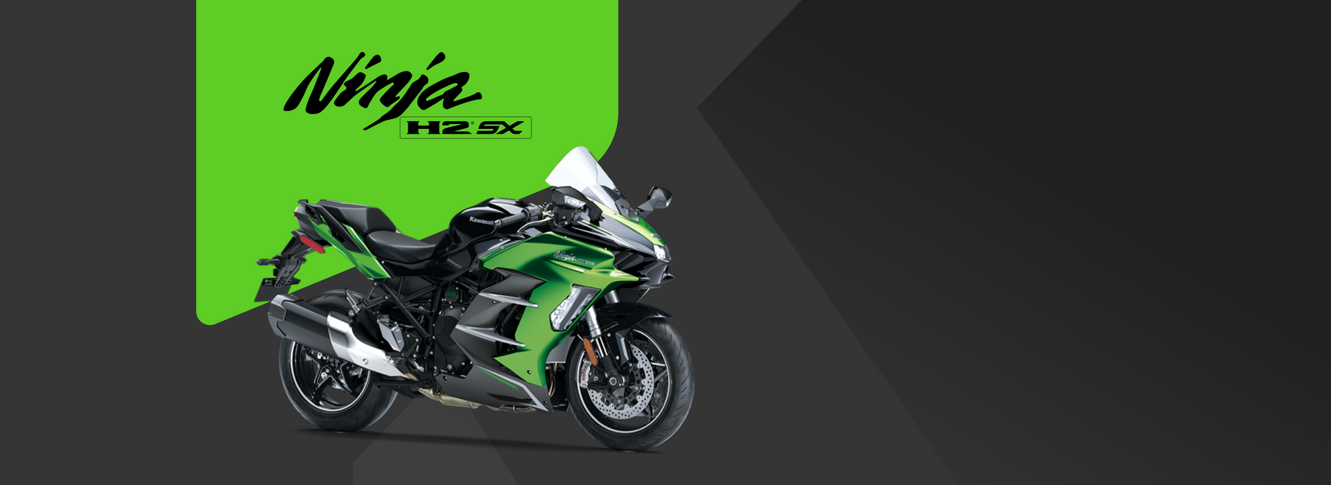 Motocicleta Kawasaki Ninja H2 SX verde sobre fundo cinza escuro com uma faixa verde.