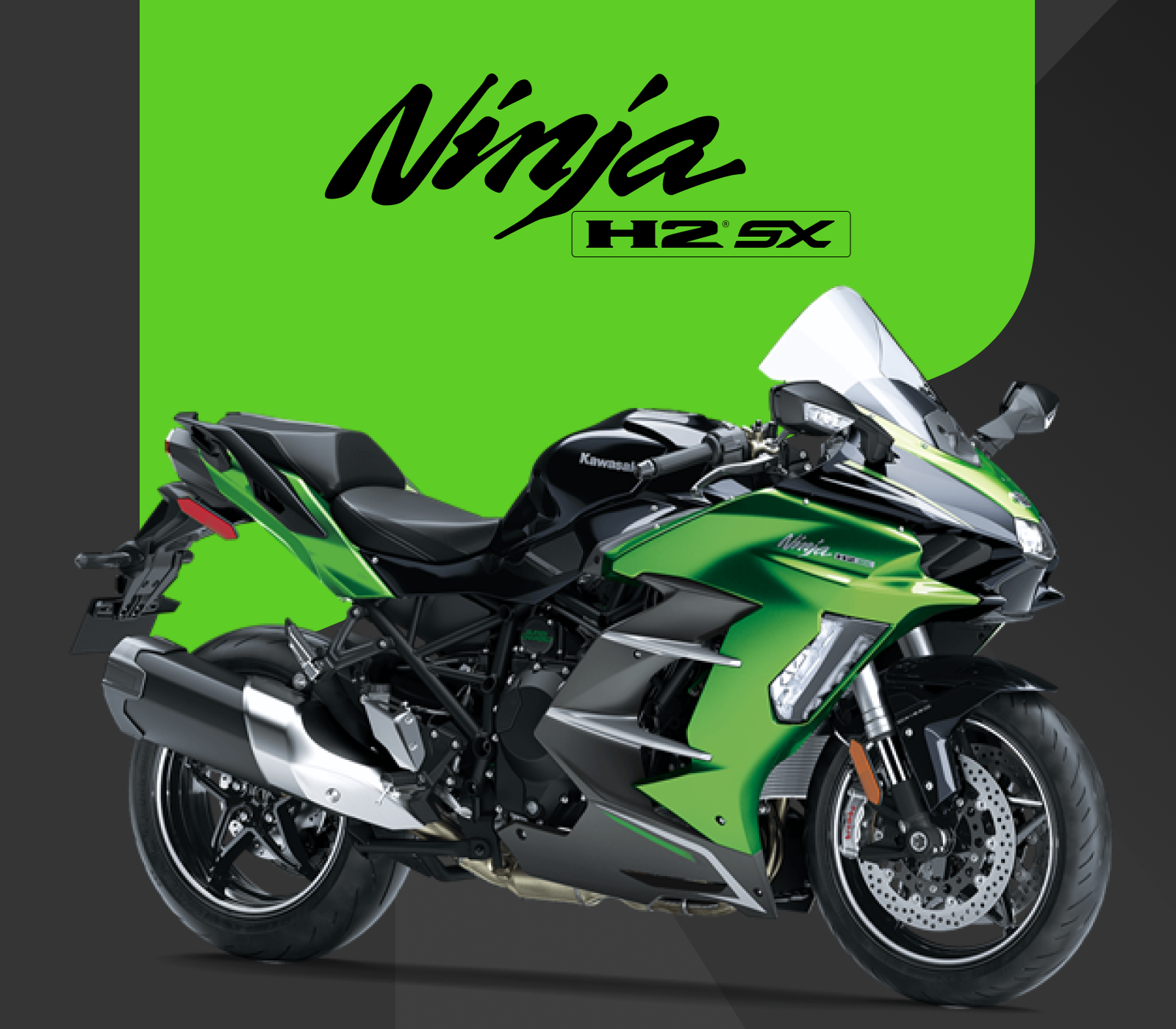 Motocicleta Kawasaki Ninja H2 SX, preta e verde, sobre fundo preto.