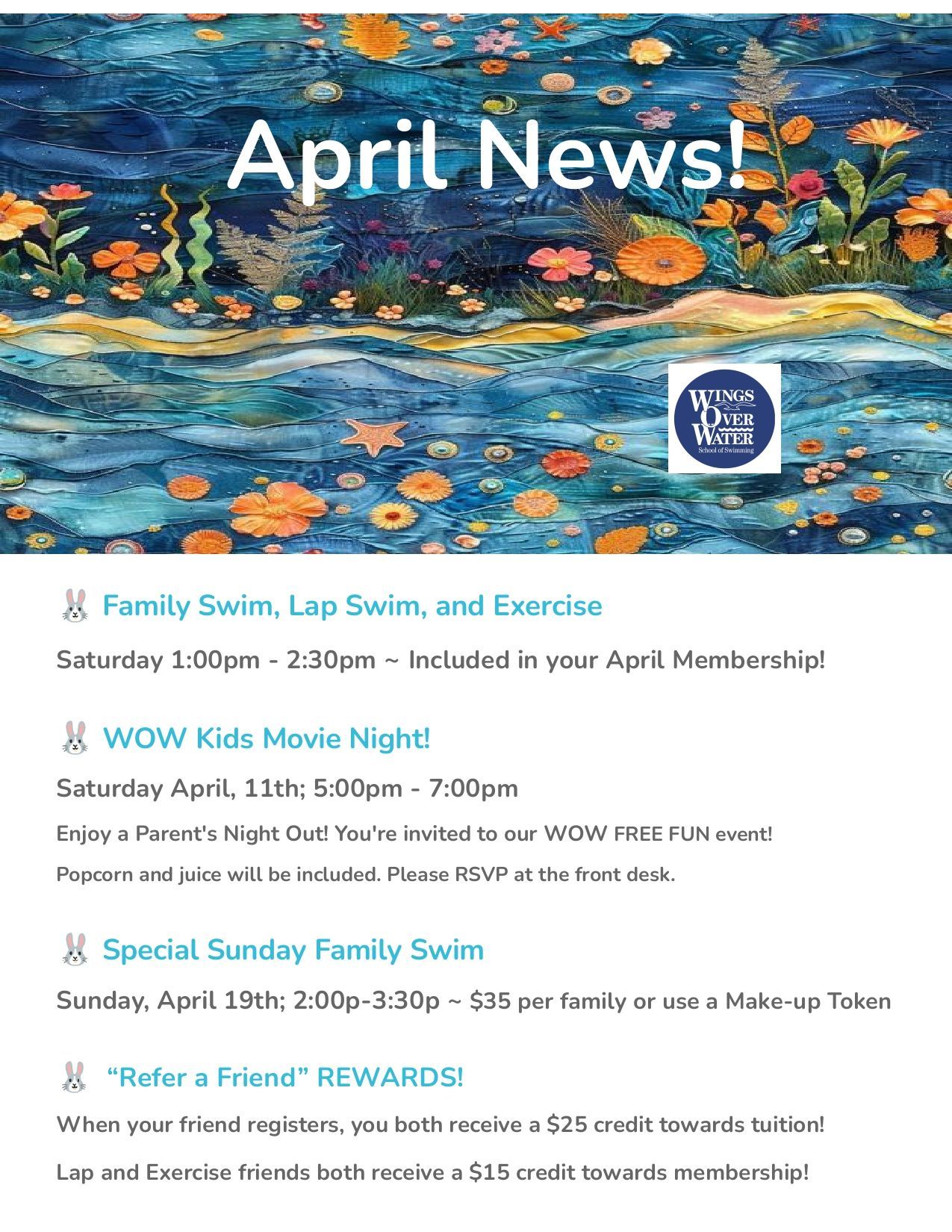 April News flyer listing family swim times, a kids' movie night, and a refer-a-friend rewards program.