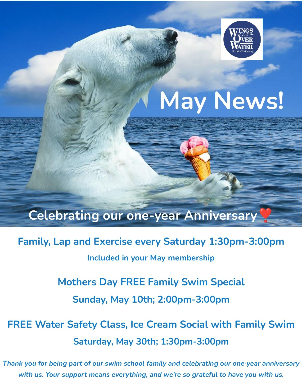 Private Swimming Lesson — Baldwin Place, NY — Wings Over Water School of Swimming April News flyer listing family swim times, a kids' movie night, and a refer-a-friend rewards program.