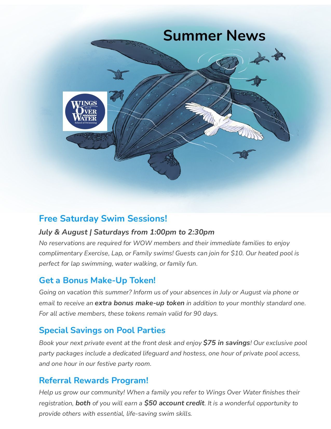 Private Swimming Lesson — Baldwin Place, NY — Wings Over Water School of Swimming April News flyer listing family swim times, a kids' movie night, and a refer-a-friend rewards program.