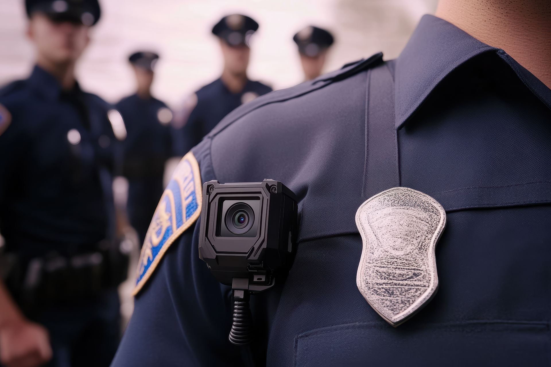 Close-up view of police body camera and badge during a law enforcement training session.