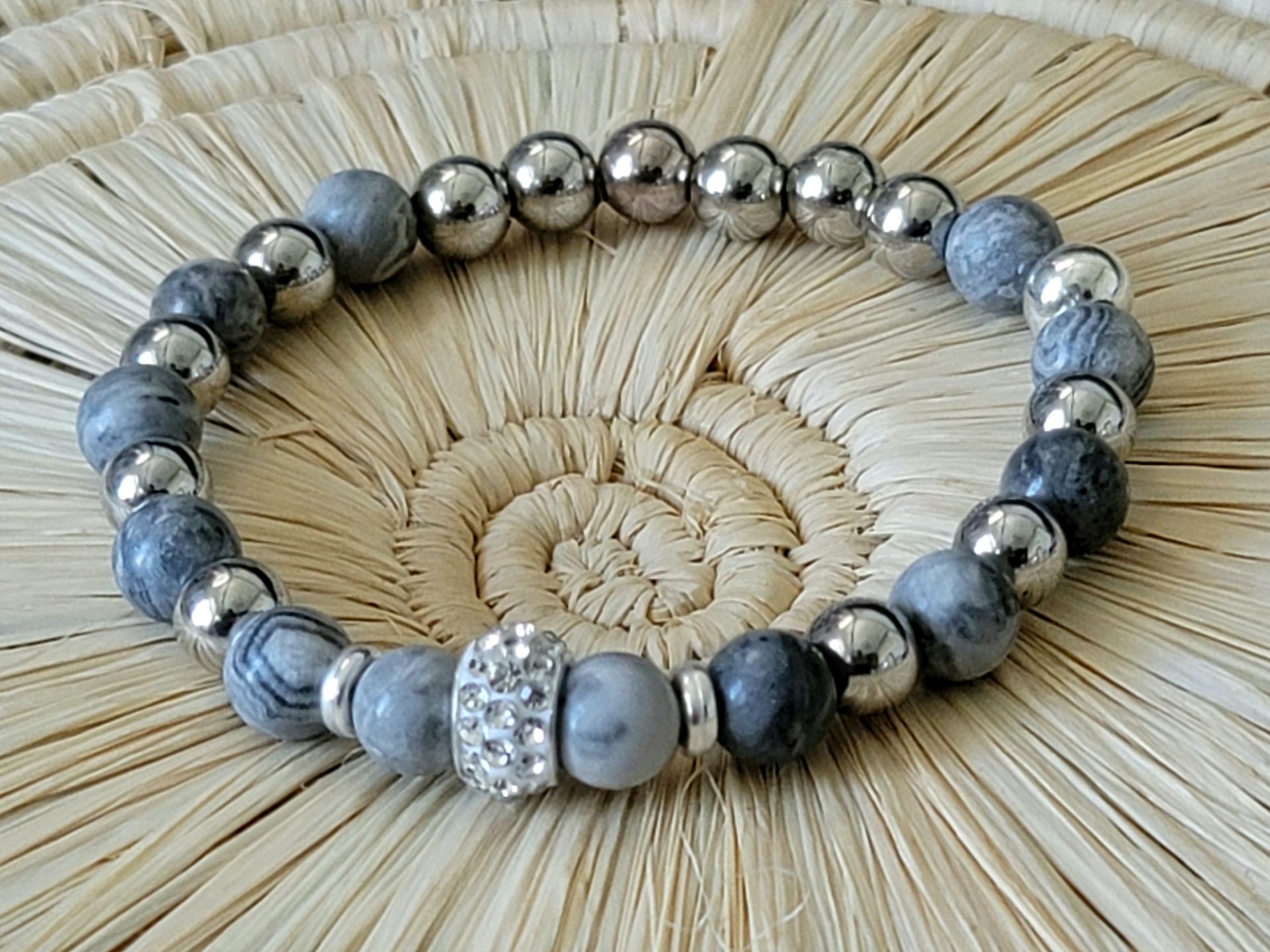 Silver Glass Studded Grey Agate Bracelet