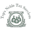 Logo for Top's Noble Tax Services with three money bags inside a decorative frame. Gray tones.