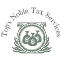 Logo for Top's Noble Tax Services with three money bags inside a decorative frame. Gray tones.