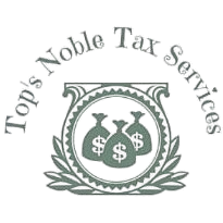Logo for Top's Noble Tax Services with three money bags inside a decorative frame. Gray tones.