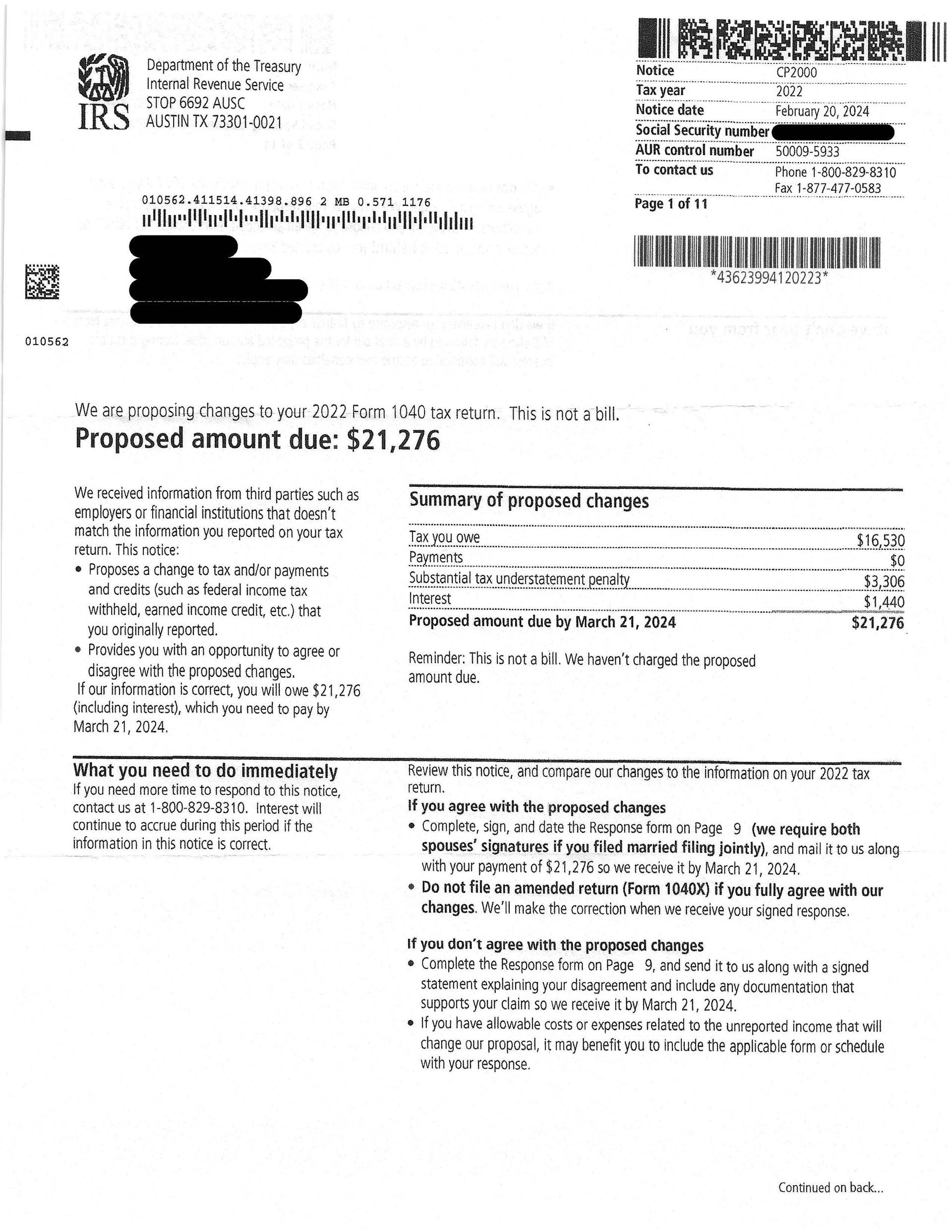 IRS notice for amount due: $21,276, details penalties, interest, and payment options.