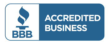 BBB Accredited Business logo, white flame and text on blue background.