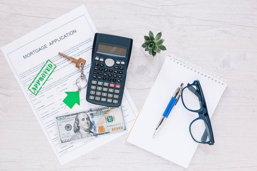 Mortgage application with approval stamp, keys, cash, calculator, notepad, pen, glasses, and a small plant on a white wood table.
