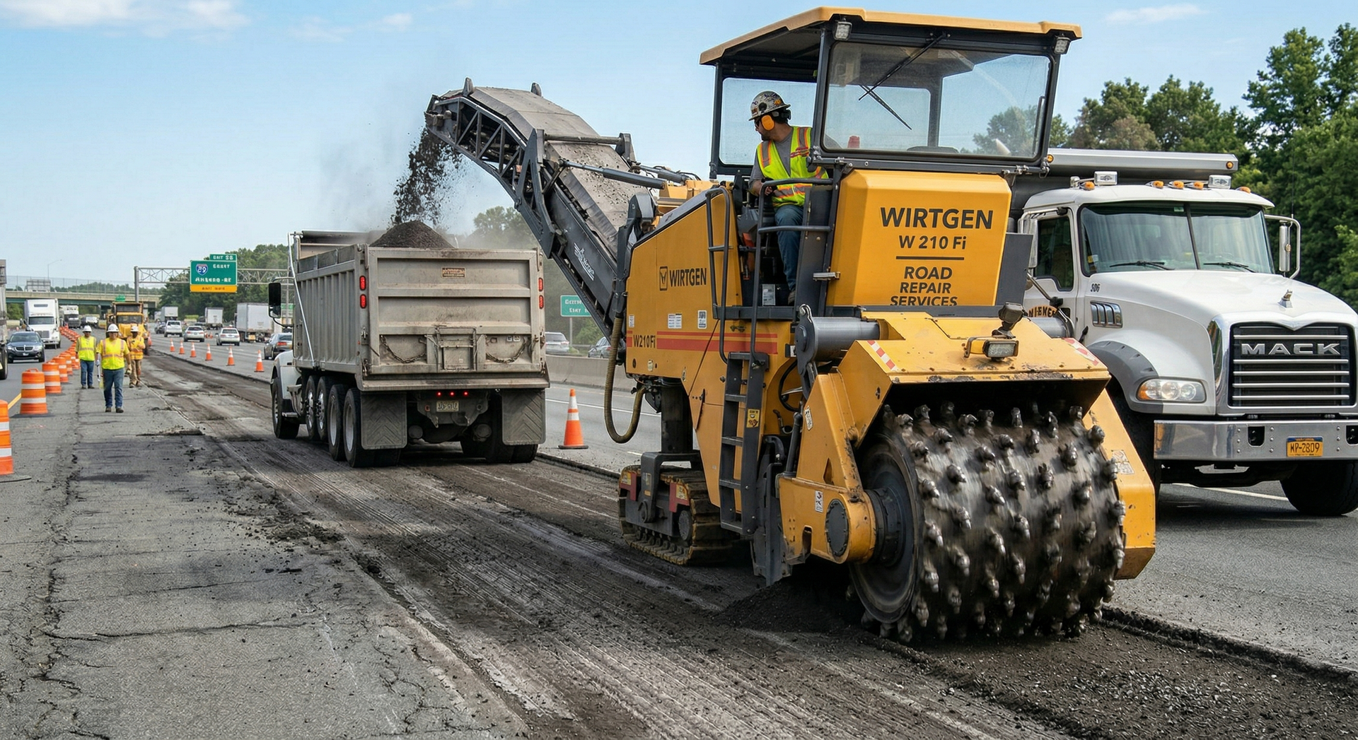 A yellow Wirtgen road milling machine removes old asphalt and loads it into a dump truck on a highway under repair.