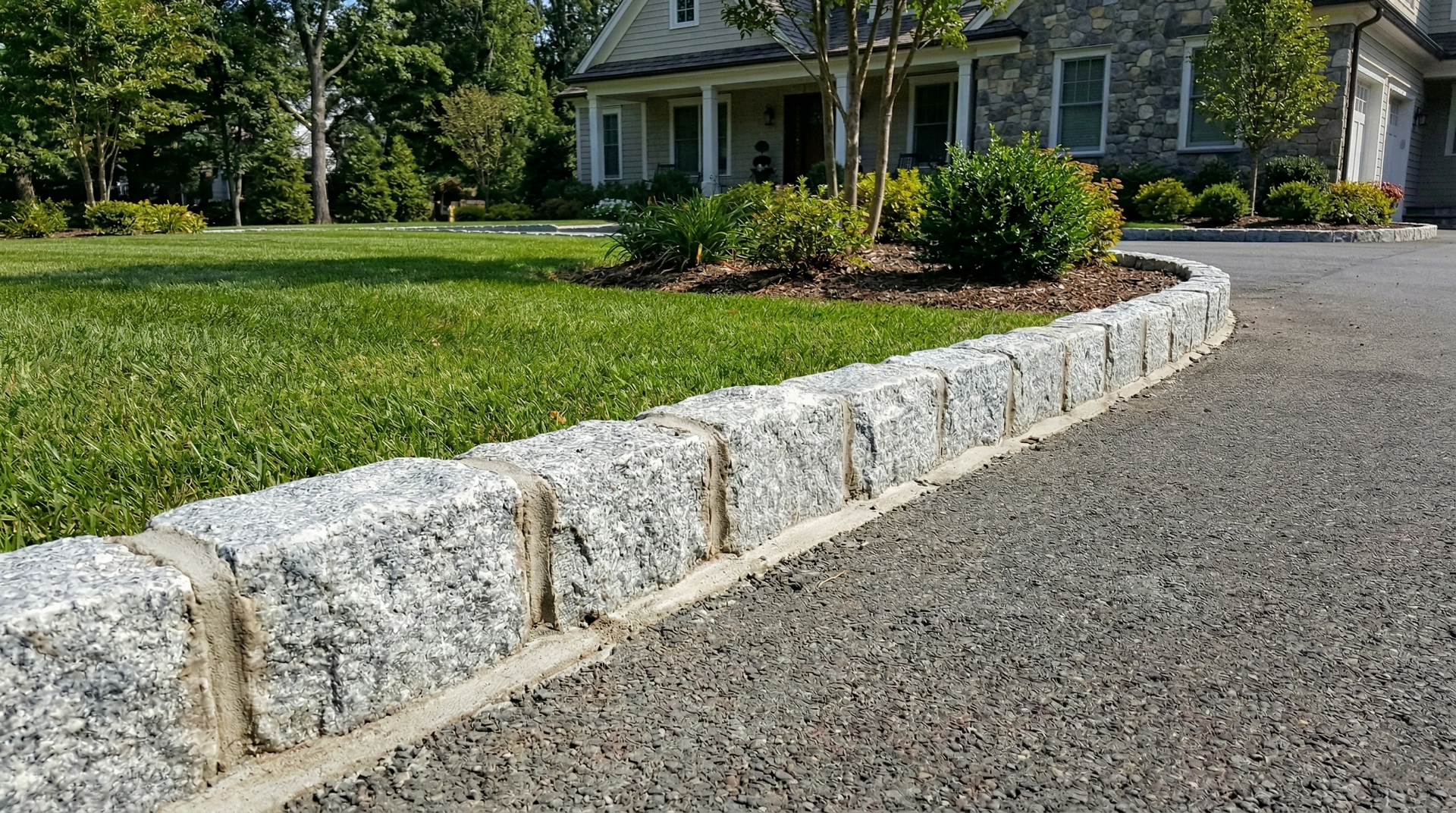 Granite cobblestone curbing lines a driveway, separating it from a green lawn in front of a stone house.