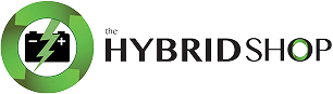 The hybrid shop logo is a green circle with a lightning bolt and a battery in it.