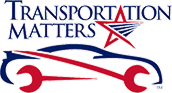 A red , white and blue logo for transportation matters with a car and wrench.