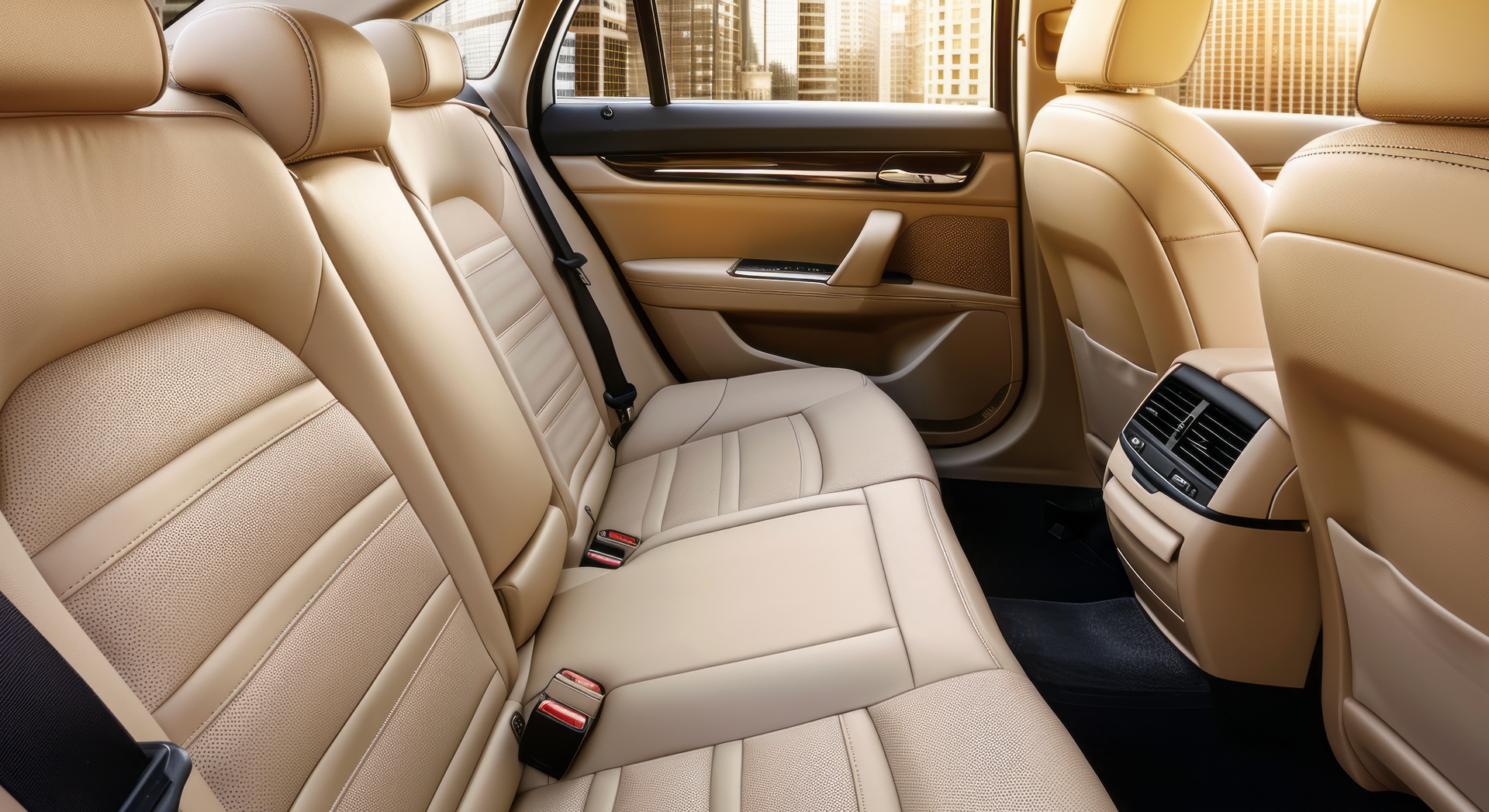 The back seat of a car with a city in the background