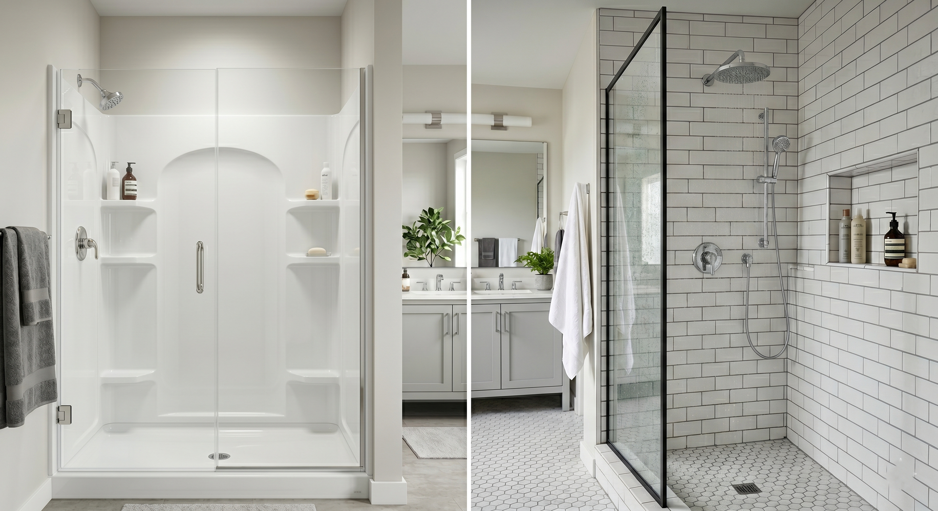 Split view of two showers: one with a white, molded wall surround and the other with white brick-style tile walls.