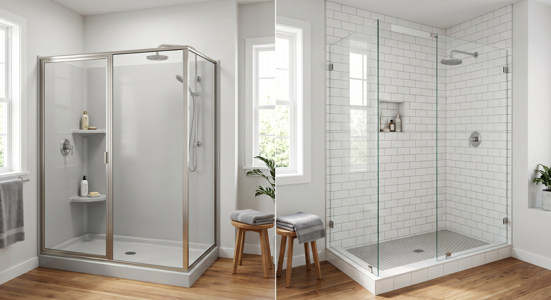 Side-by-side comparison of two modern walk-in showers with glass doors and tiled walls in a bright bathroom.