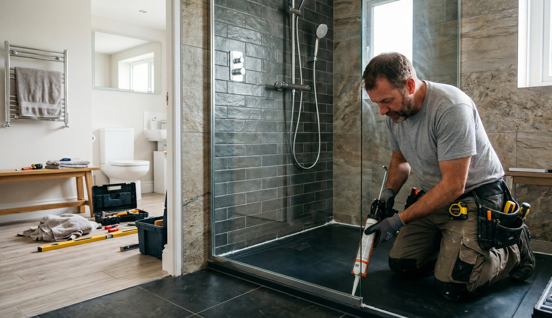 Worker sealing a shower base in a tiled bathroom under construction