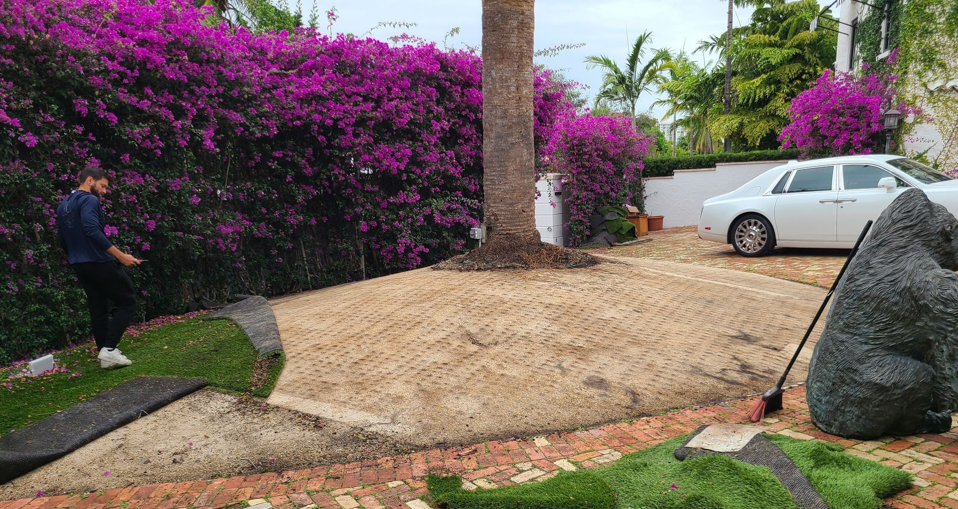 A man is standing in a garden with purple flowers and a white car parked in the background.