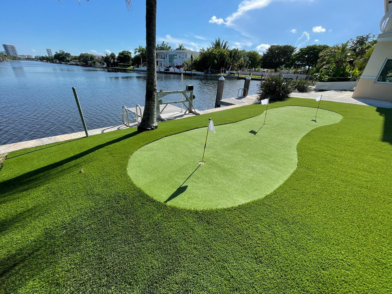 There is a putting green next to a body of water.