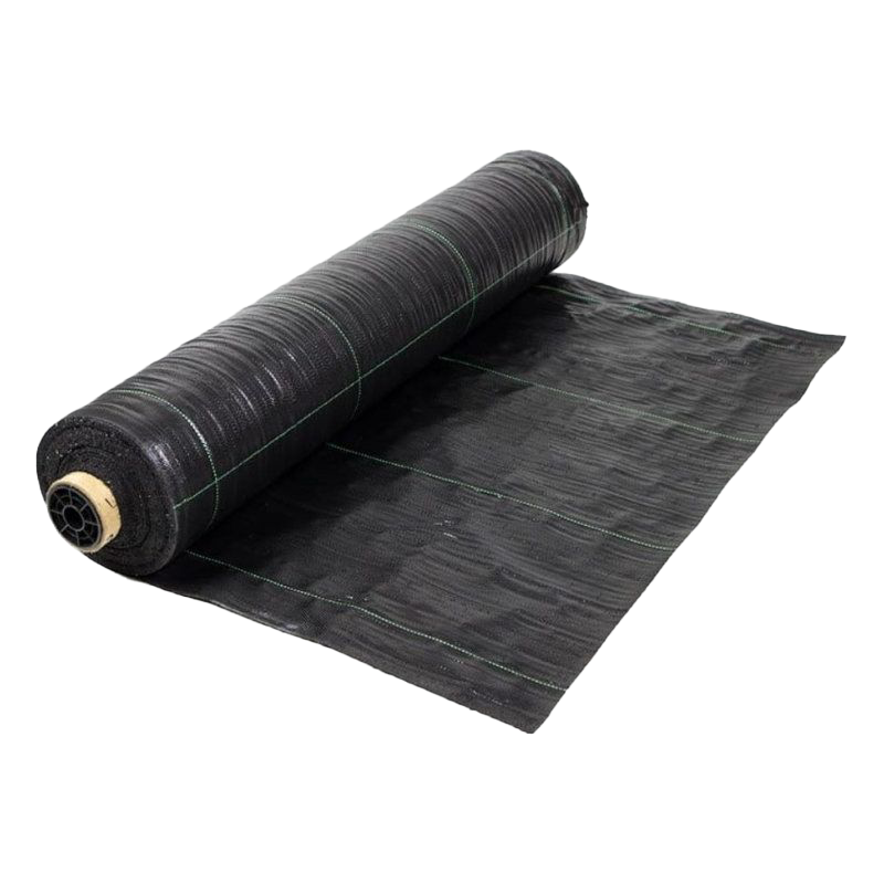 A roll of black weed barrier on a white background