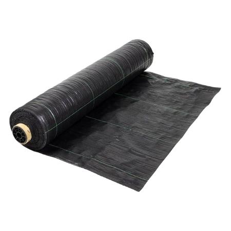 A roll of black weed barrier on a white background