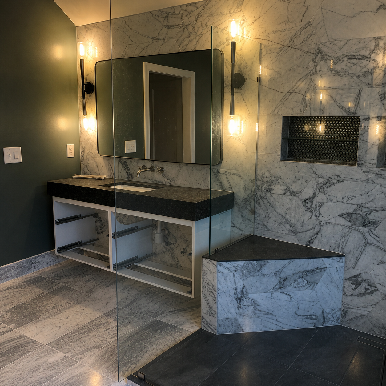 Bright marble bathroom with glass shower, freestanding tub, and large window