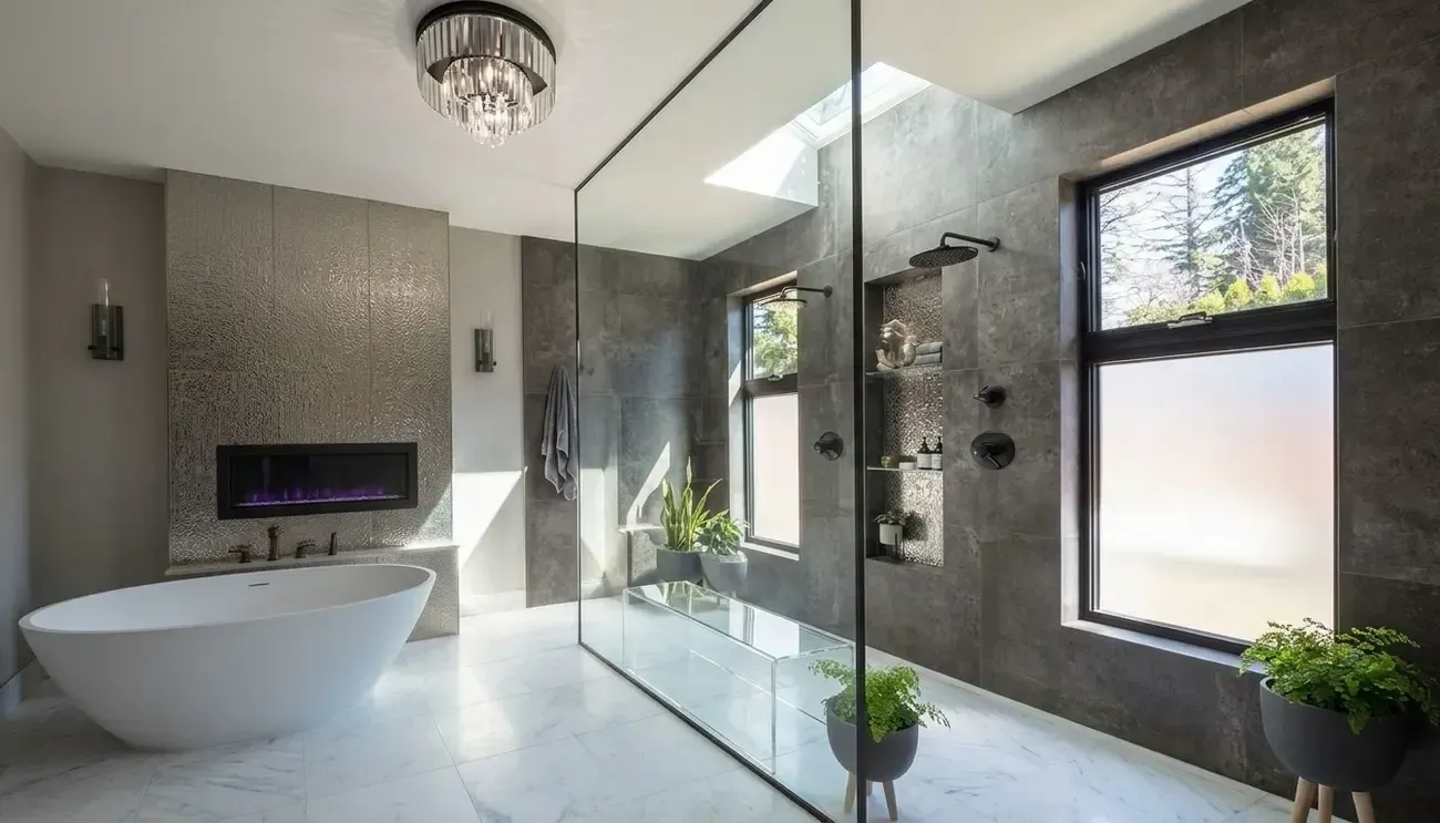 Bright modern bathroom with glass shower, white vanity, and light wood flooring