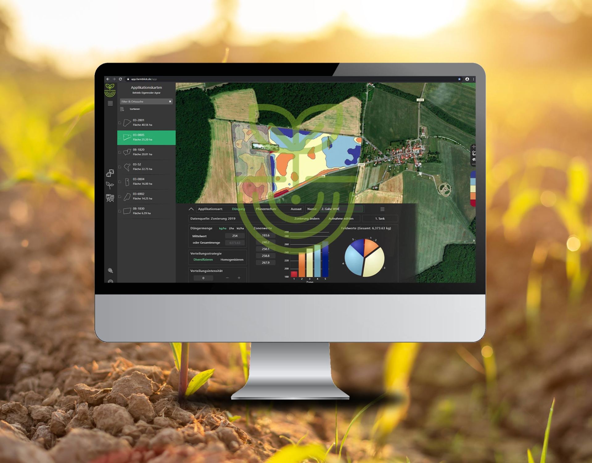Ein Computermonitor steht auf einem Erdhaufen auf einem Feld.