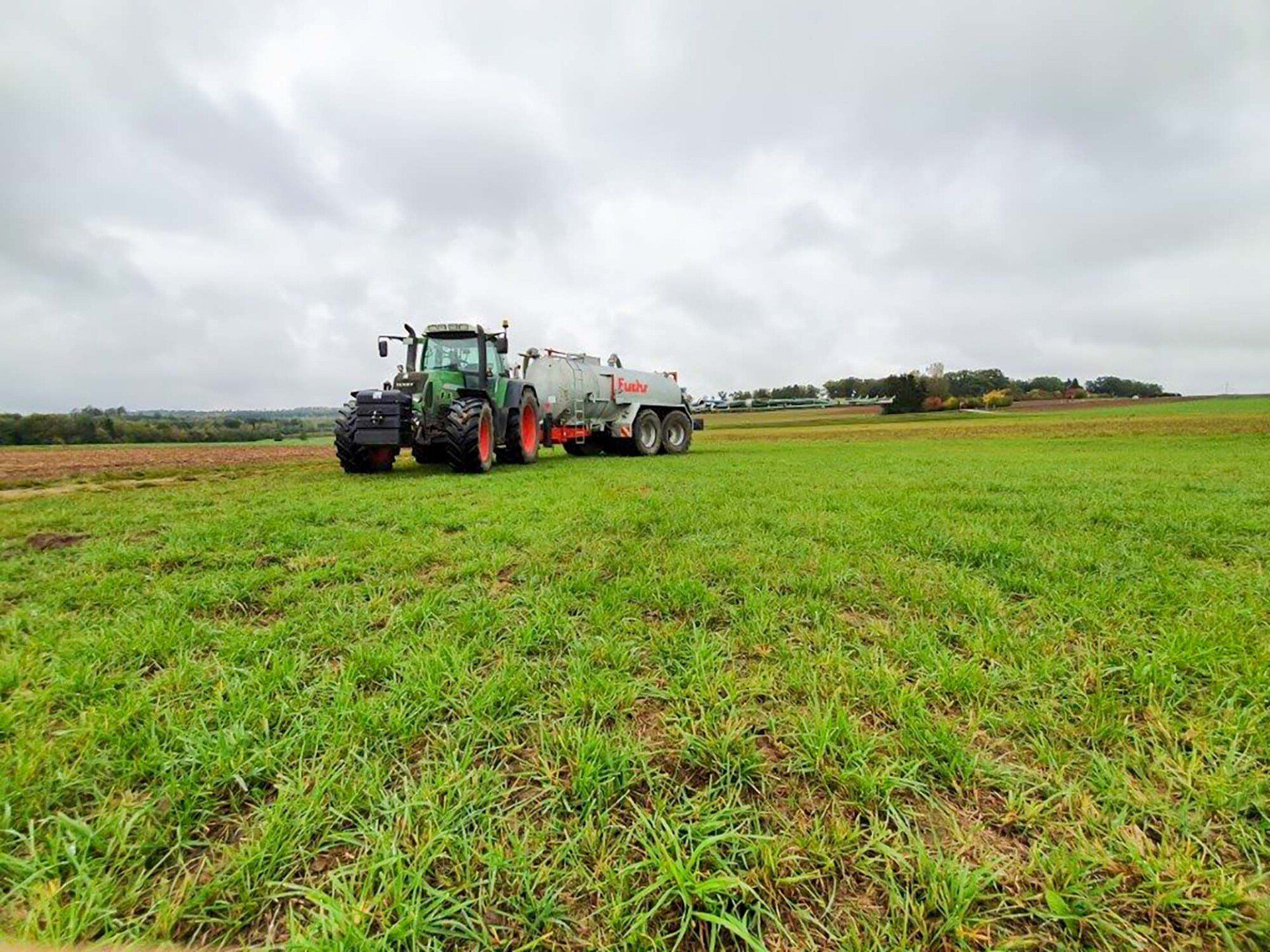 Ein Traktor mit einem Anhänger fährt durch eine Wiese.
