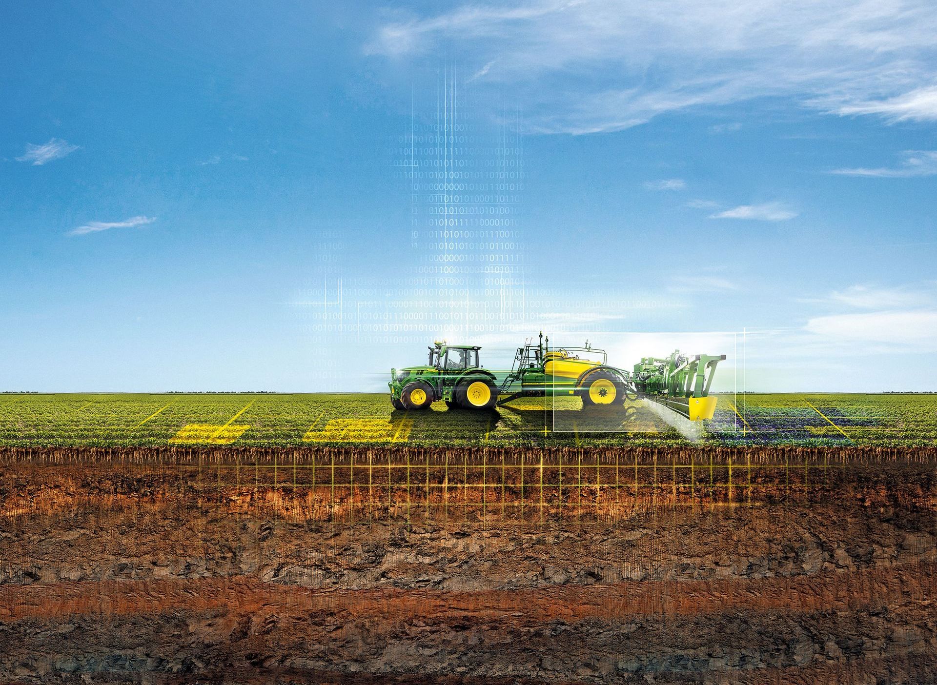 Ein John Deere-Traktor sprüht Dünger auf ein Feld.