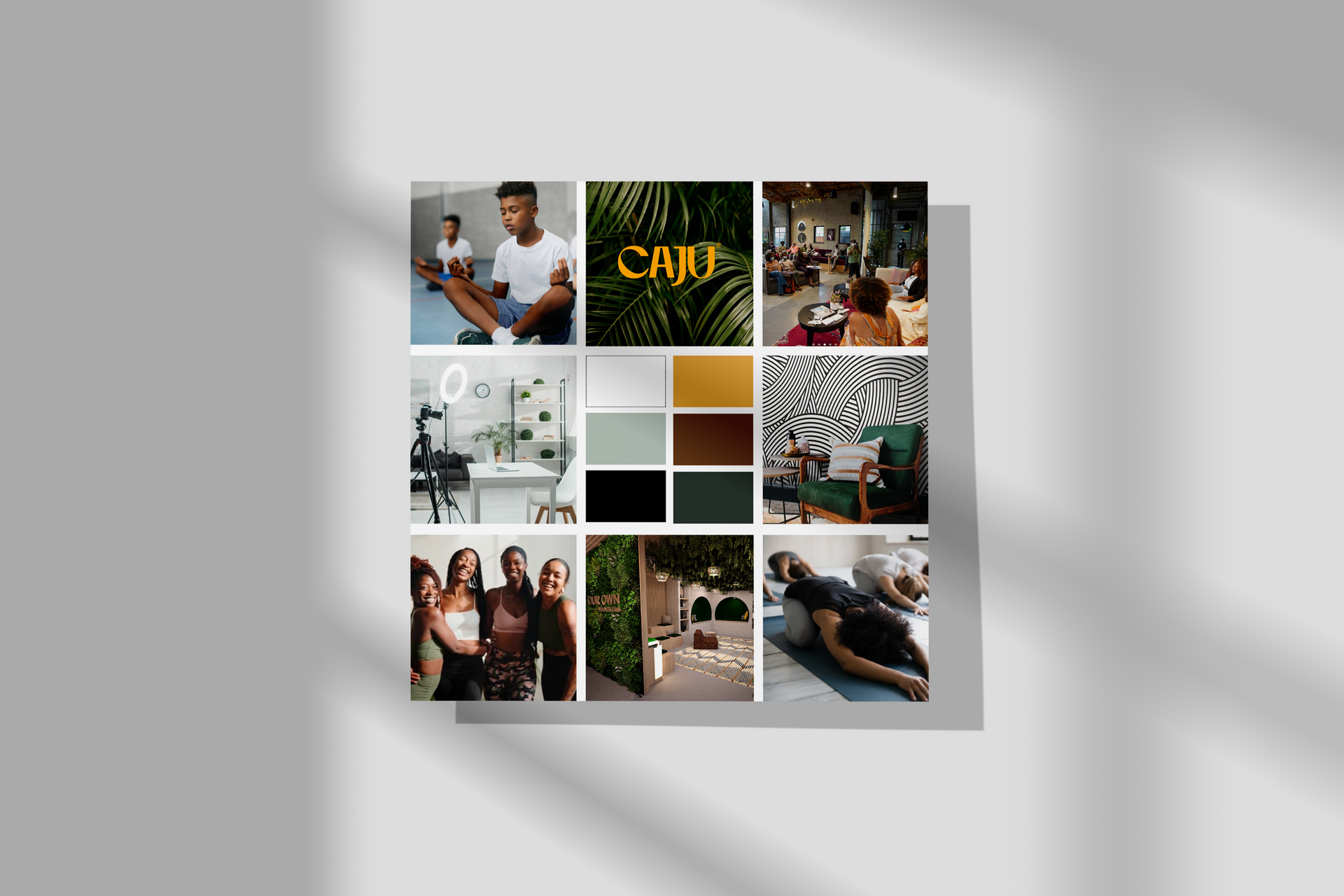 A collage of pictures on a white background with a shadow on the wall.