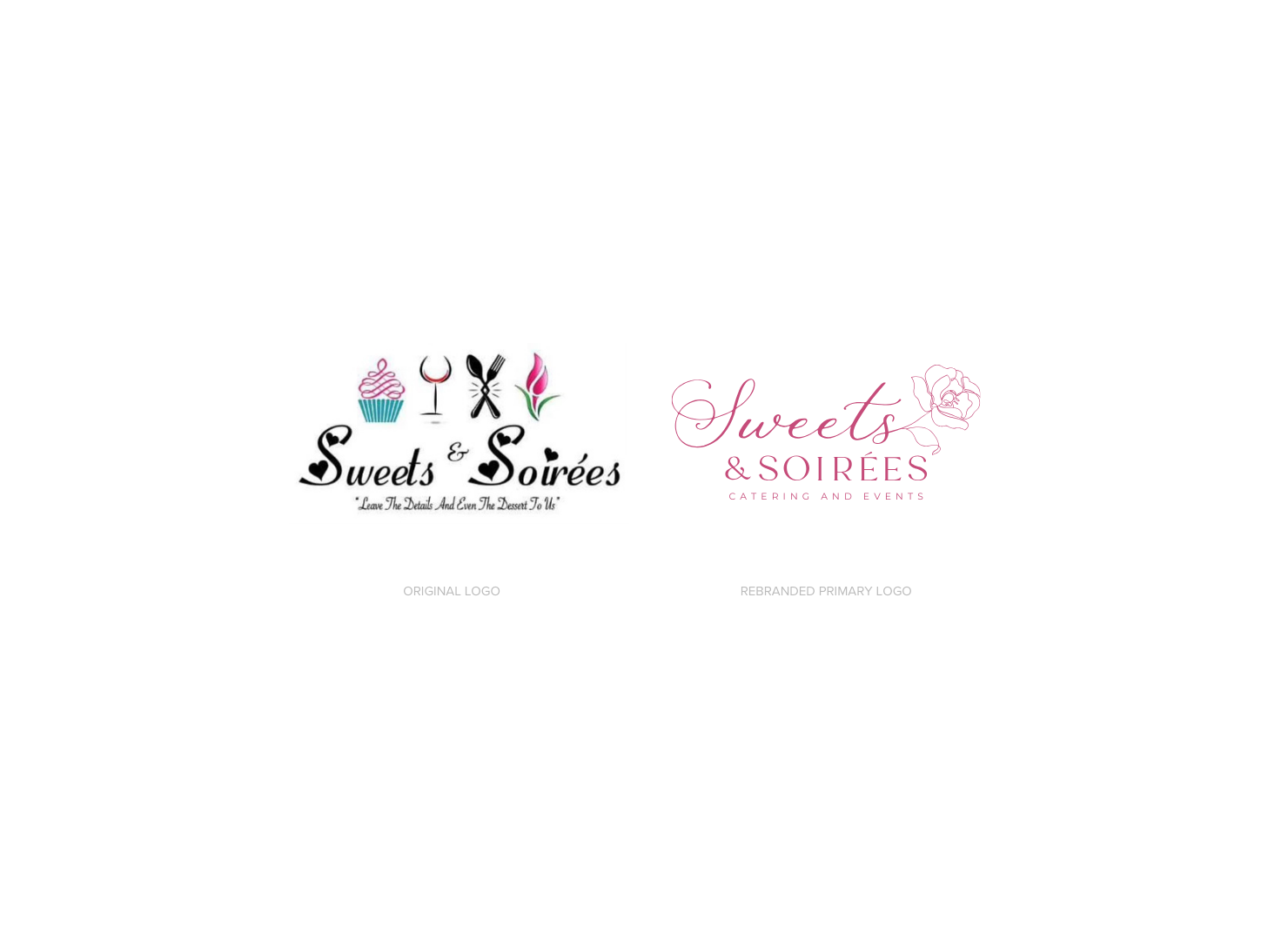 Two logos before and after for a sweets and soirées business on a white background.