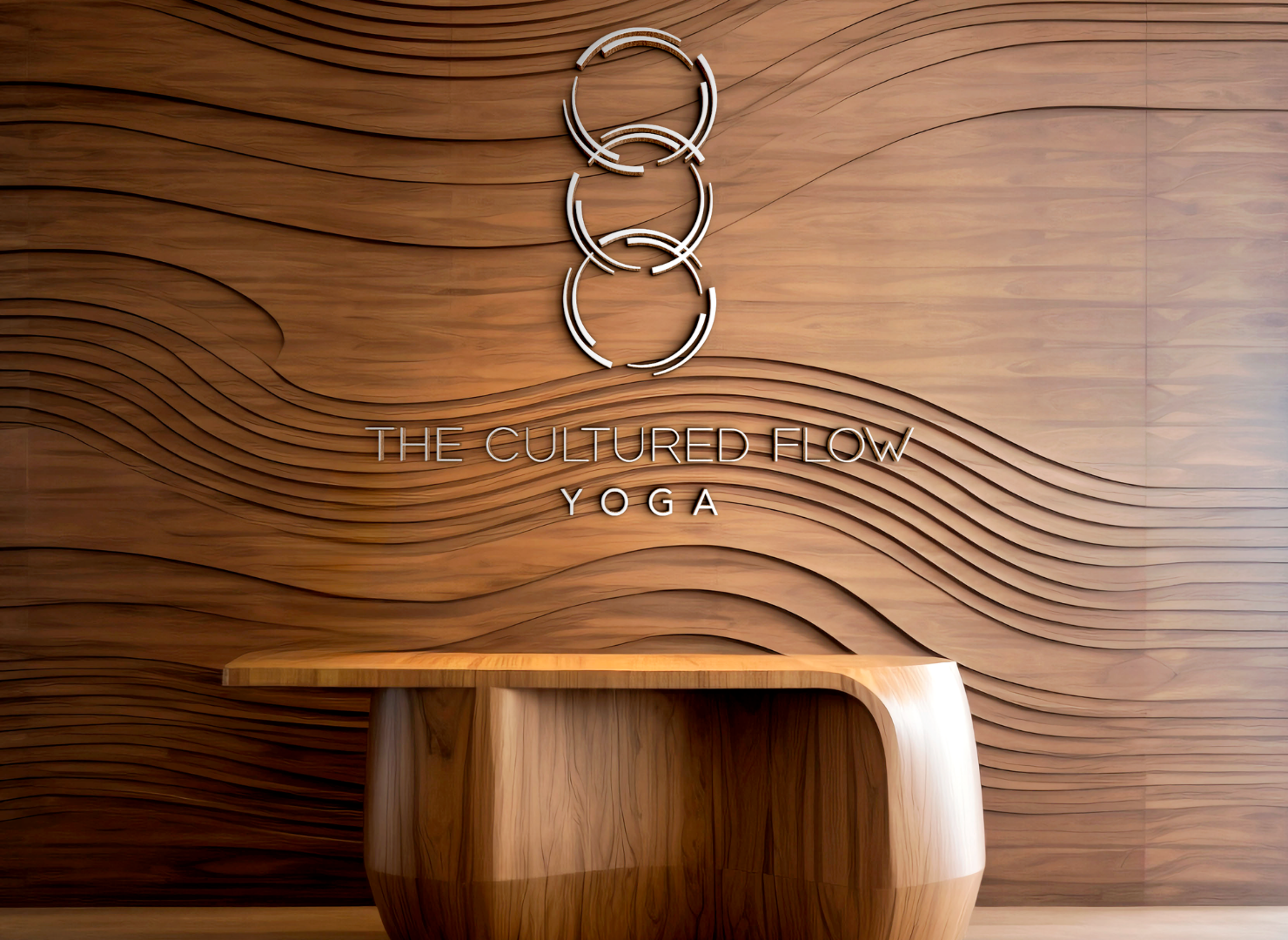 A wooden table in front of a wooden wall that says yoga