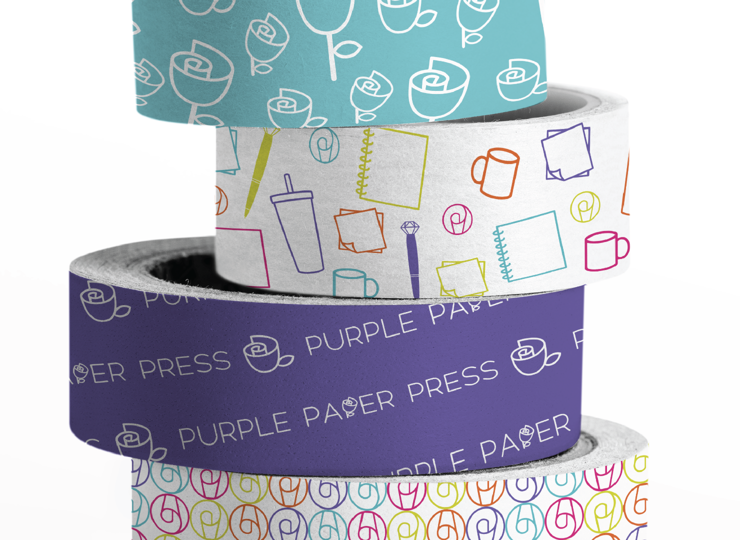 Three rolls of purple paper press tape are stacked on top of each other