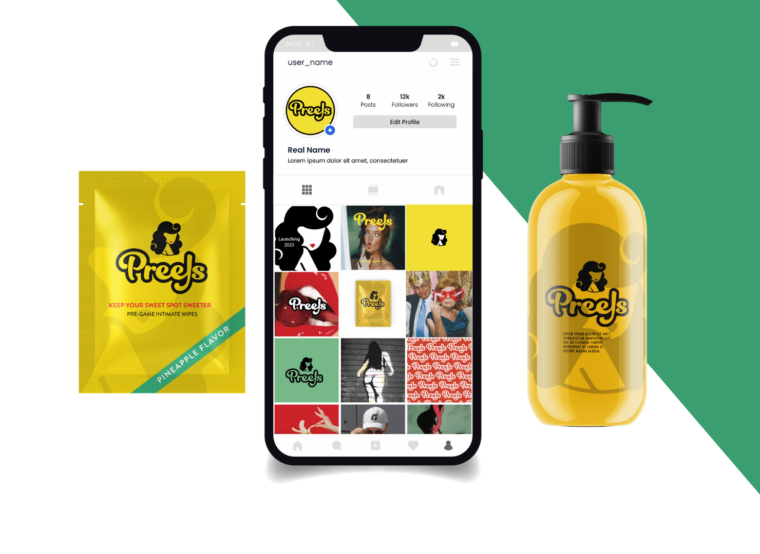 A cell phone is sitting next to a bottle of soap and a bag of soap.