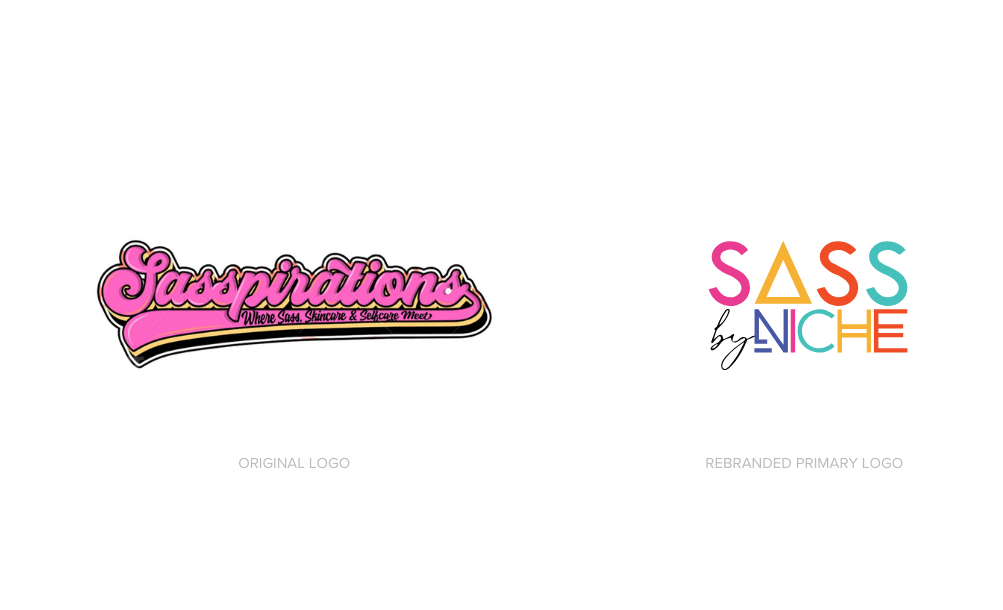 A couple of logos on a white background , one of which is a sassy niche logo.