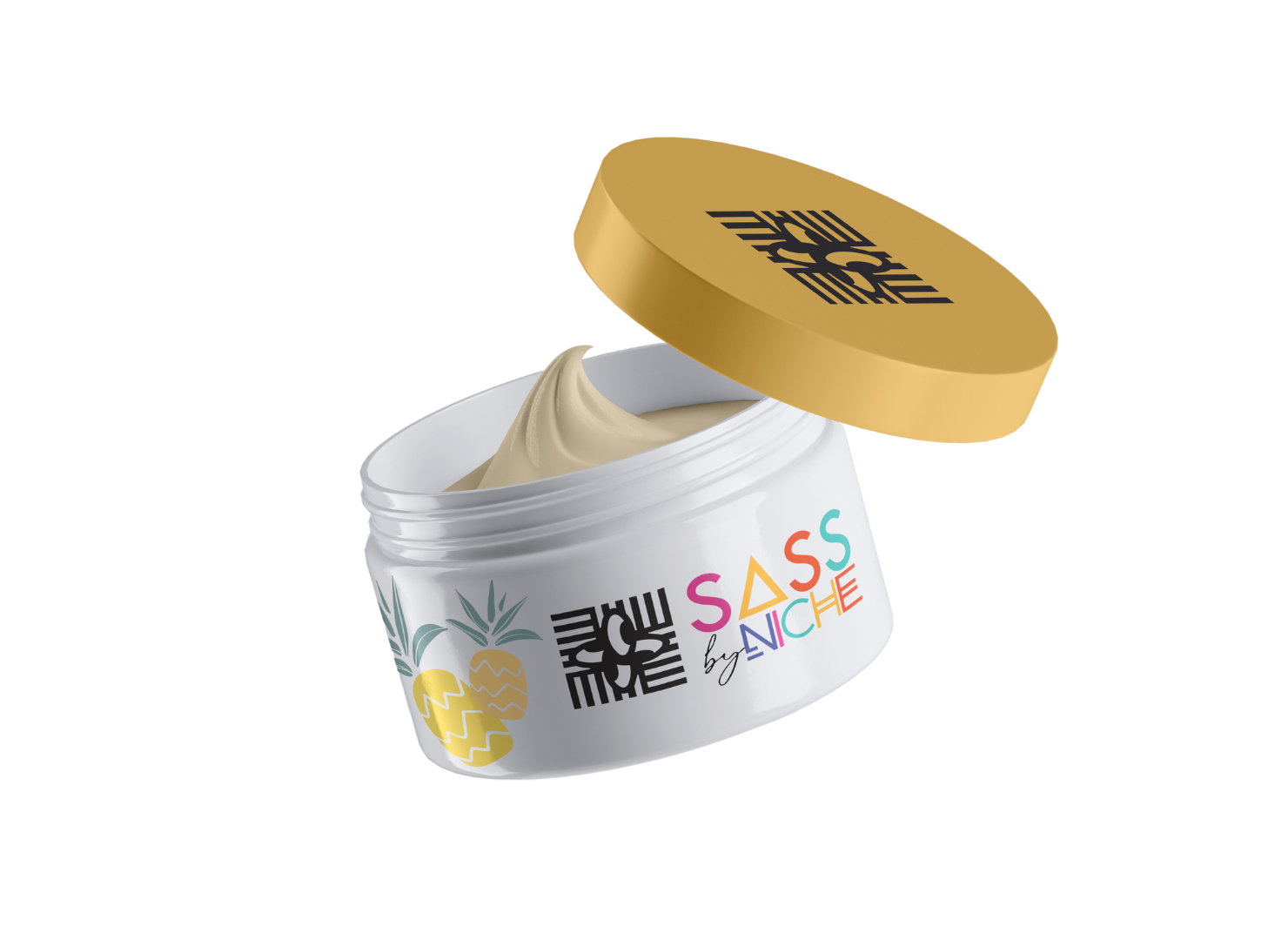 A white jar with a gold lid and the word sass by niche on it