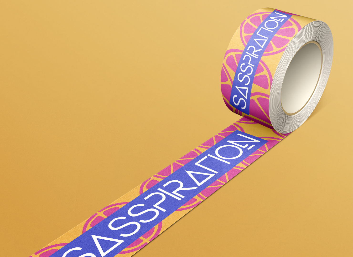 A roll of packing tape with the word sassration on it.