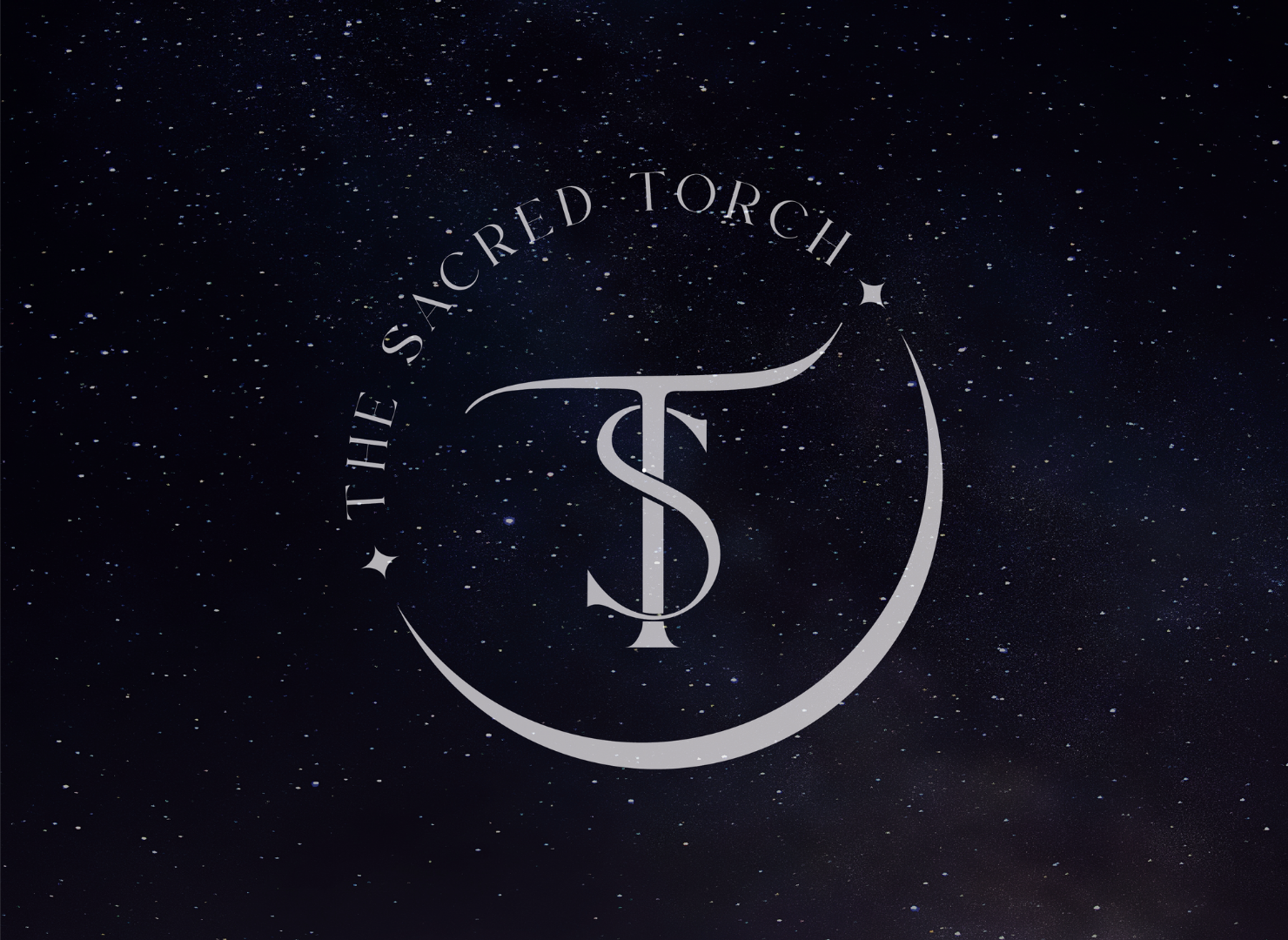 A logo for the sacred torch is against a starry sky