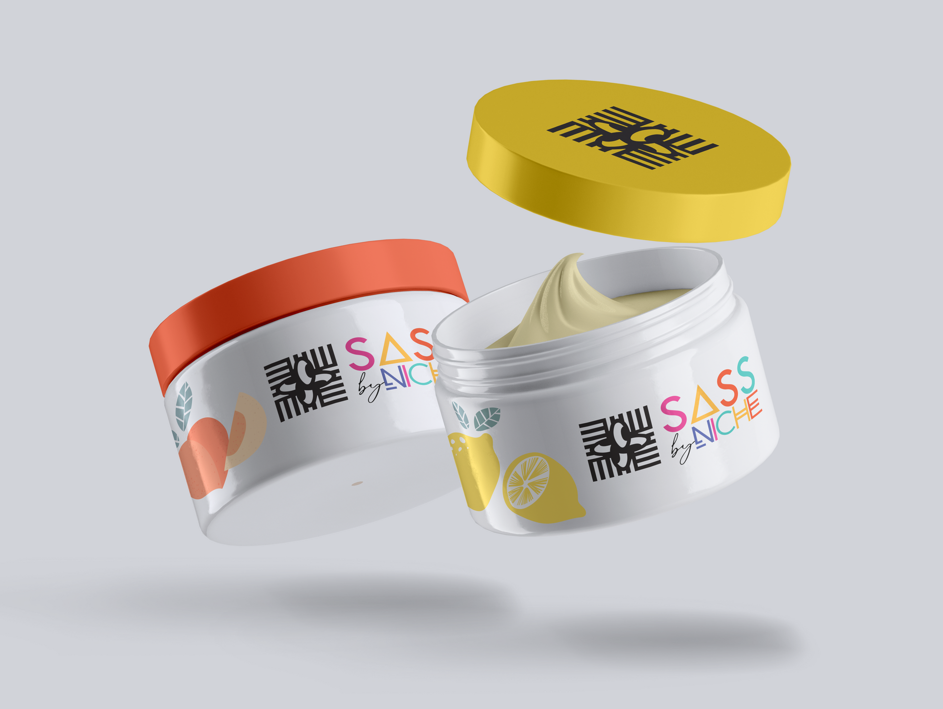 Two jars of cream are floating in the air.