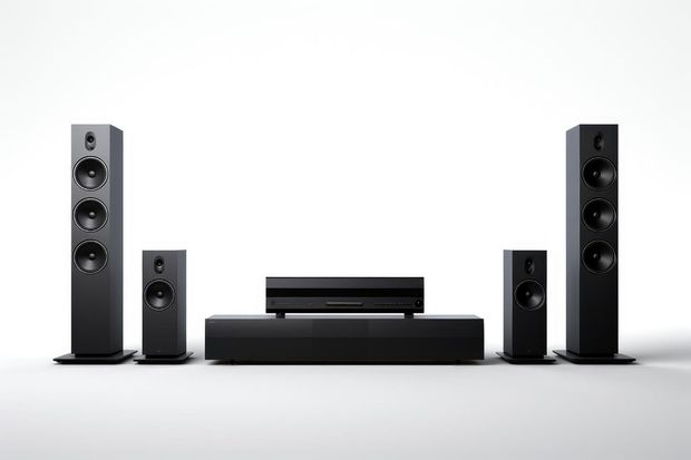 A row of speakers sitting next to each other on a white surface.